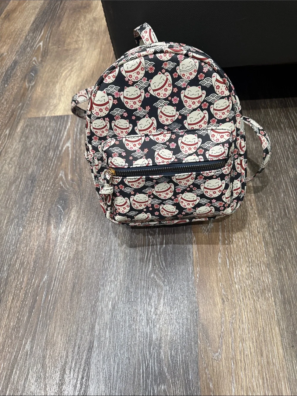 Cute Lucky Cat Print Mini Backpack - Black & Pink